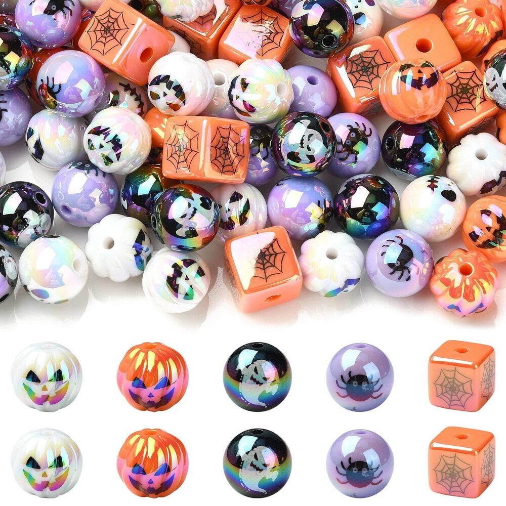 5148 50 pcs Mixed Styles Halloween Round Theme Acrylic Beads Iridescent